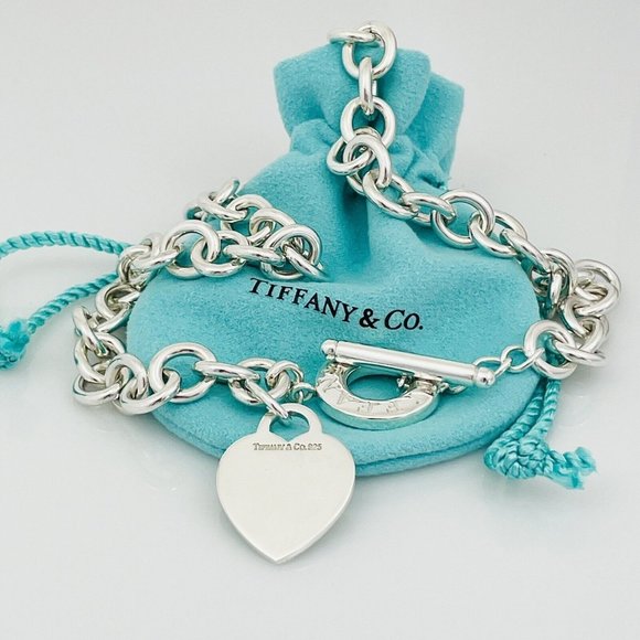 Tiffany & Co. Jewelry - 18" Tiffany & Co Silver Blank Heart Tag Toggle Necklace with Blue Pouch